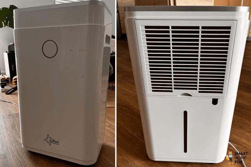Der Suntec DryFix 50 Luftentfeuchter steht auf dem Boden und ist sowohl von vorne als auch hinten zu sehen.